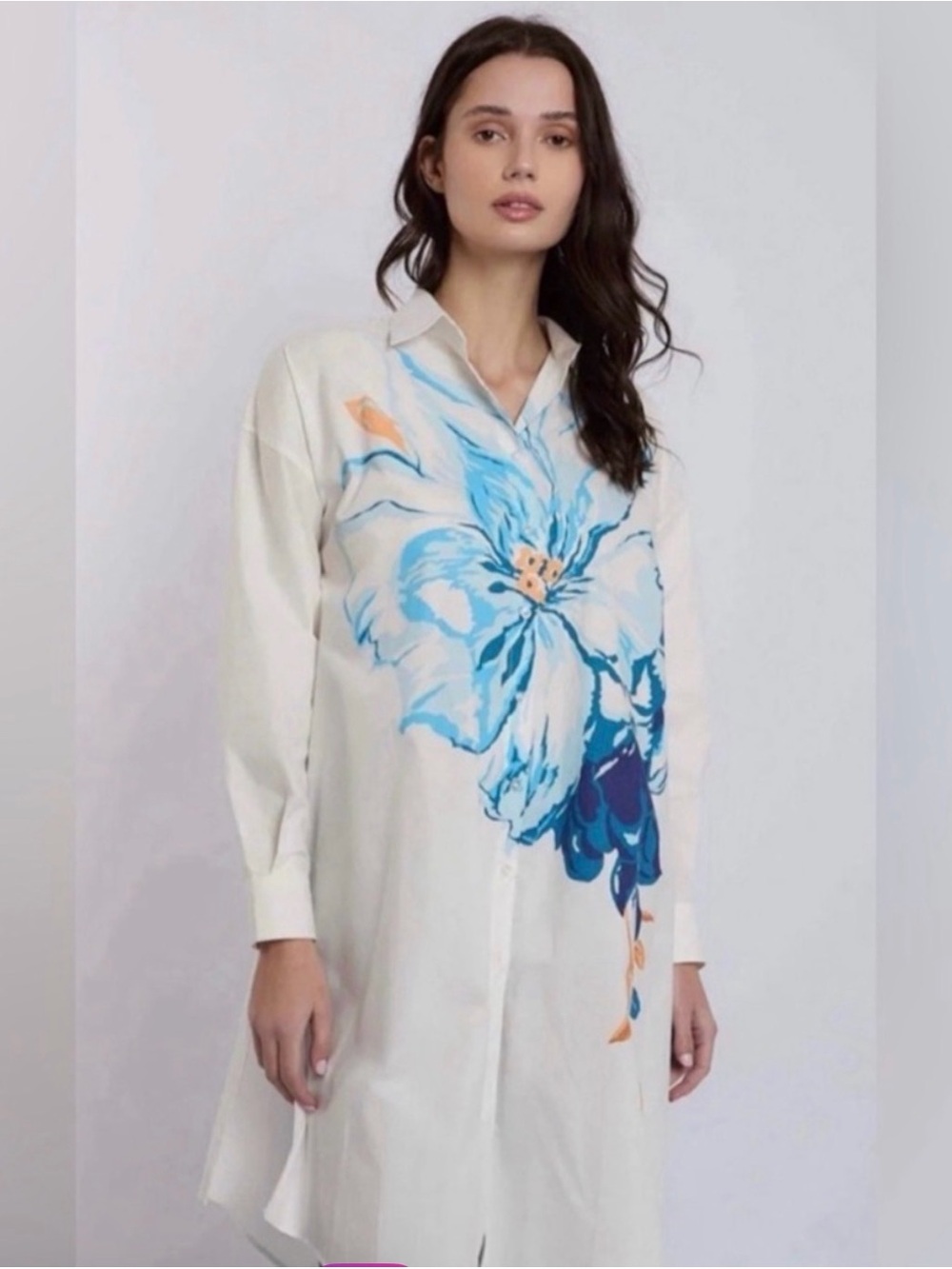 Anthro Maeve Longline Floral Shirt Dress White Blue Watercolor XS